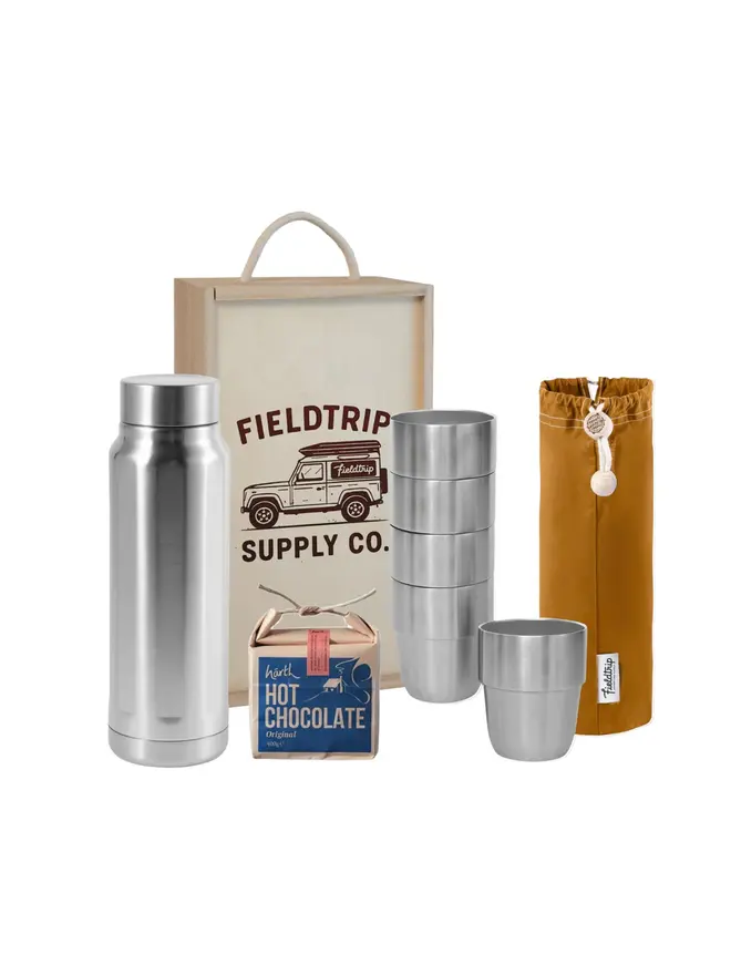 land rover cups and flask gift set. a wooden box containing 5 stainless steel cups in a  yellow cloth bag, a box of hot chocolate and a stainless steel flask.