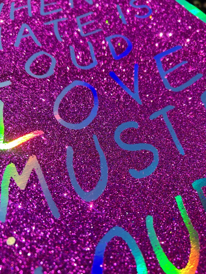 When hate is loud, love must be louder- rainbow glitter on paper 