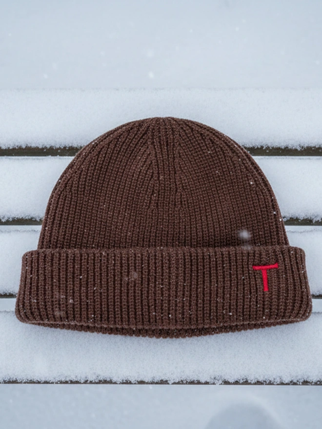 Personalised Embroidered Letter Beanie in Walnut