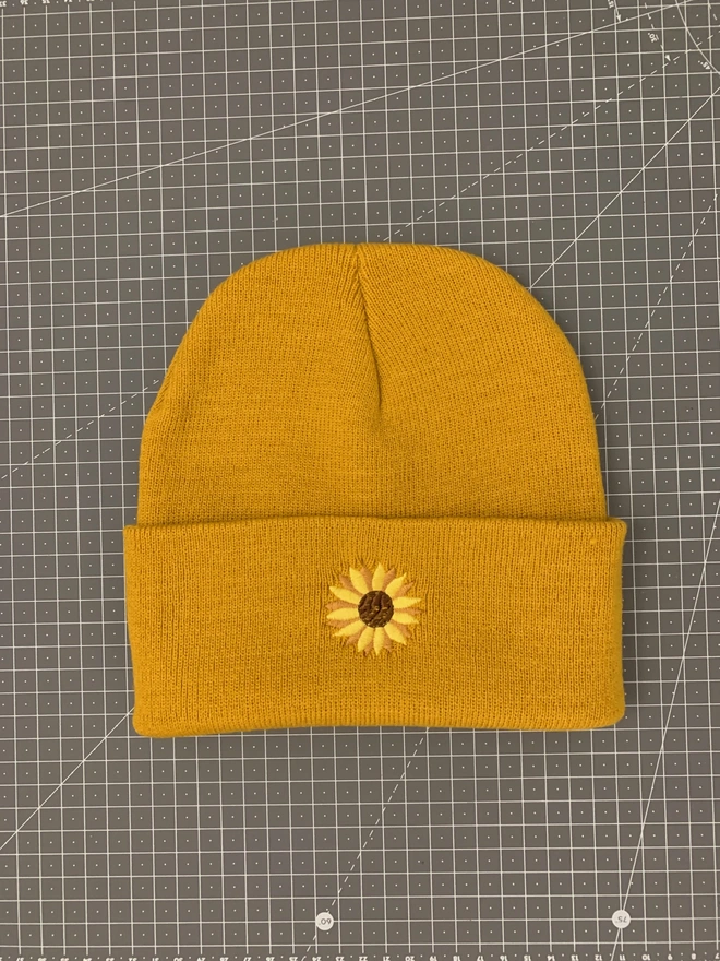 Embroidered Sunflower Beanie - Mustard