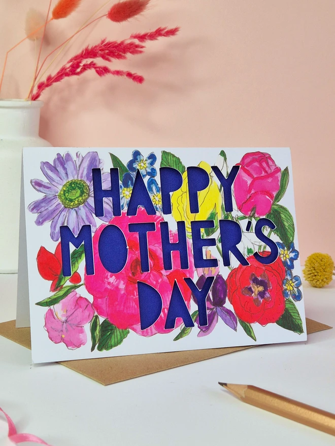 Happy Mothers bright floral card blue 