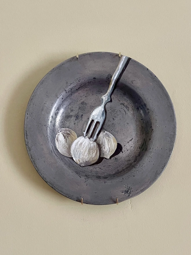 pickled onion painting on antique pewter plate