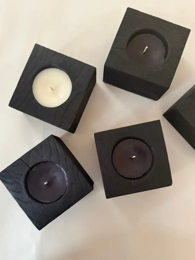  Refillable candle hand poured in wooden Yakisugi charred block candle holder