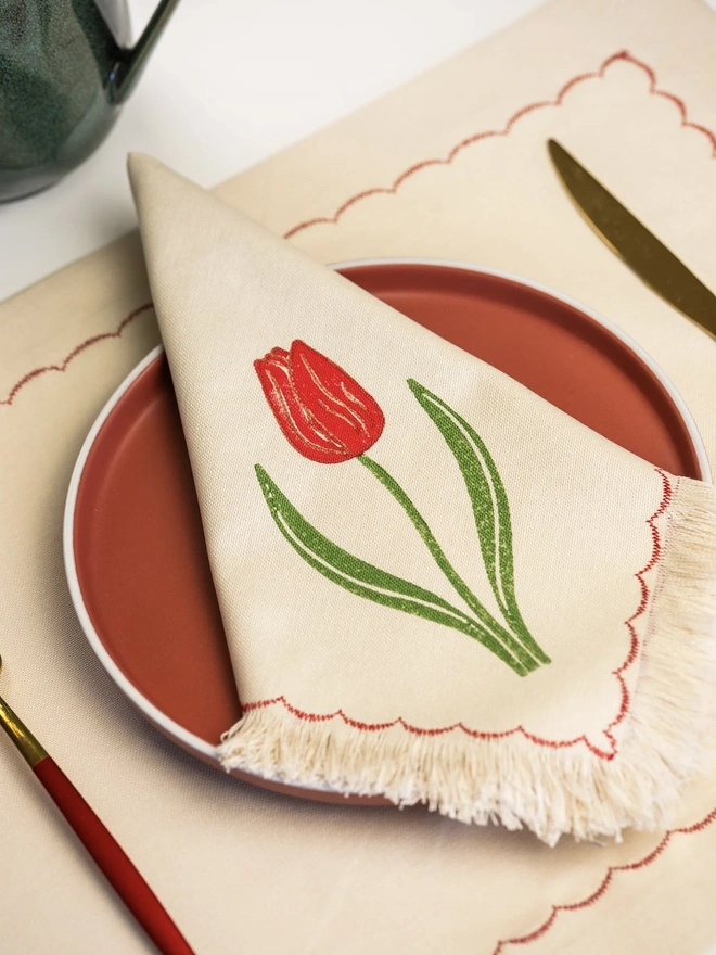 Block Printed Fringed Napkins Tulips (Set Of 2)
