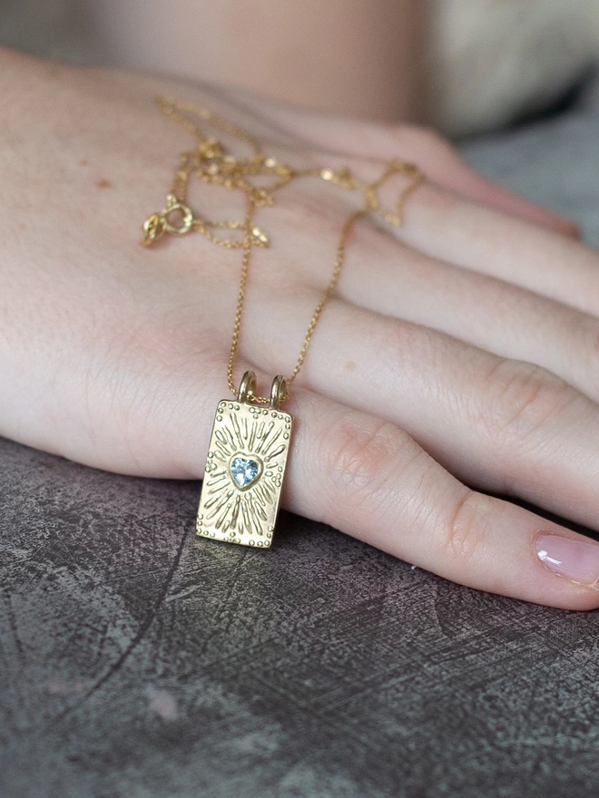 Gold Talisman Heart Necklace With Aquamarine