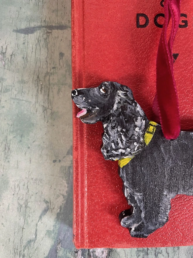 Black Cocker Spaniel Christmas decorations with red velvet ribbon 