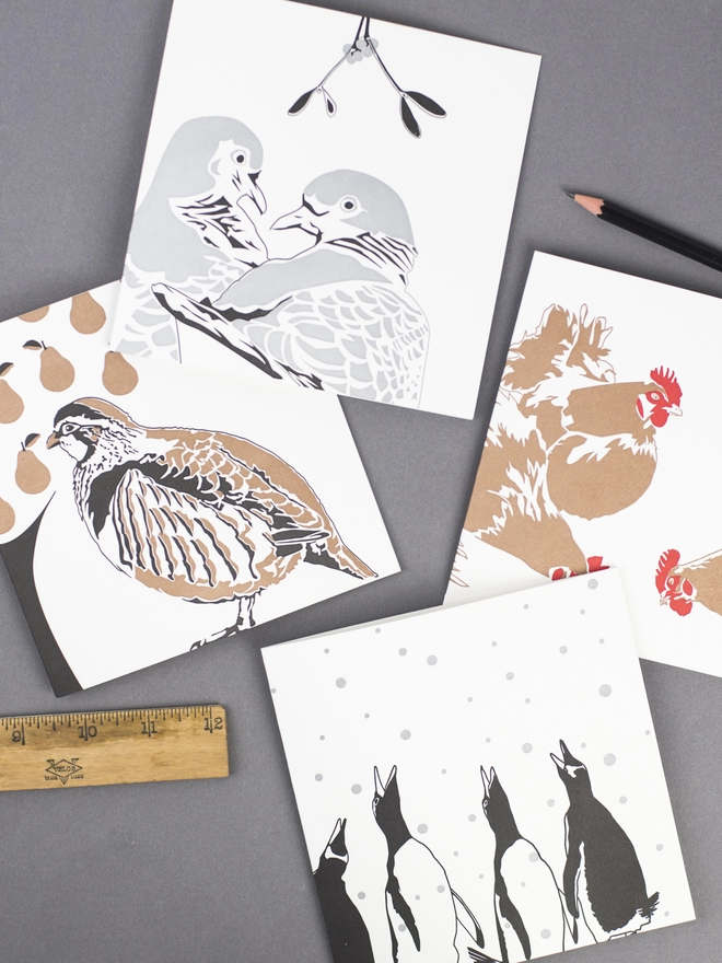 The other bird Christmas cards we have to offer are Three french hens, Four calling birds and a partridge and a pear