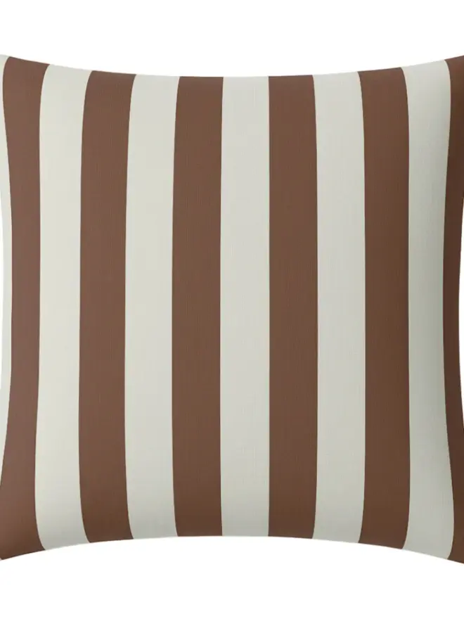 Hand Painted Sustainable Linen Cushion In Stripe Print, a mocha striped cushion against a white background. 