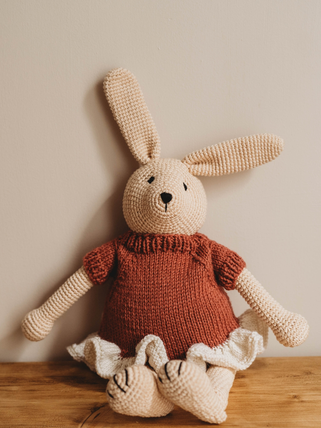 hand crochet bunny with red and white hand knit dress