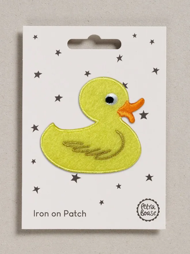 Rubber duck embroidered iron on fabric patch for upcycling.
