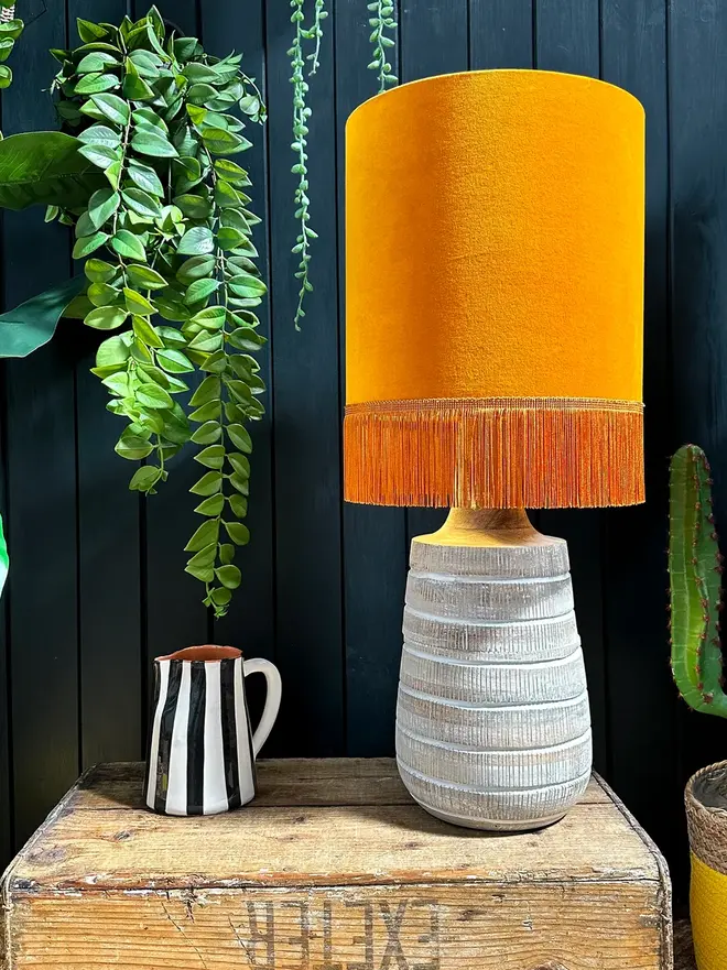 Rust Orange Velvet Lampshade With Gold Lining & Fringing. 