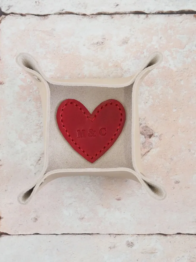 red mini heart leather dish