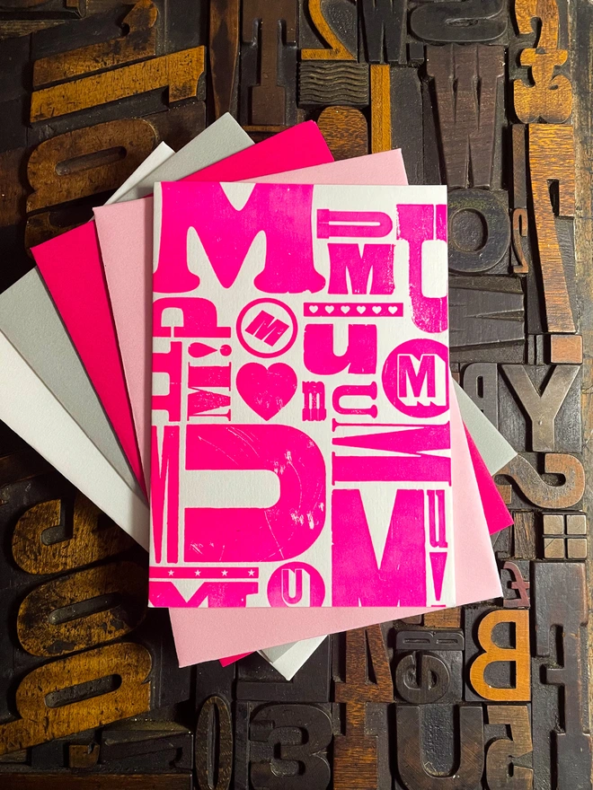 A deep impression letterpress printed mother's day card. Fluorescent pink ink on traditional printed type blocks. Printed by hand on my 1915 Arab Crown Folio Press. Comes with a range of matching coloured envelopes.