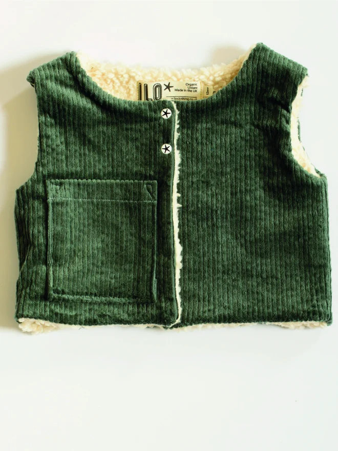 Sage organic corduroy gilet lined with organic cotton plush