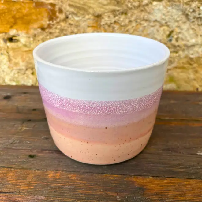 Ice Cream Sundae Pot, a colourful pot sitting on a wooden surface against a brick backdrop. 