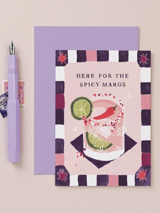 Spicy Margarita Birthday Card with a lilac envelope, cocktail birthday card reading Here for the spicy margs