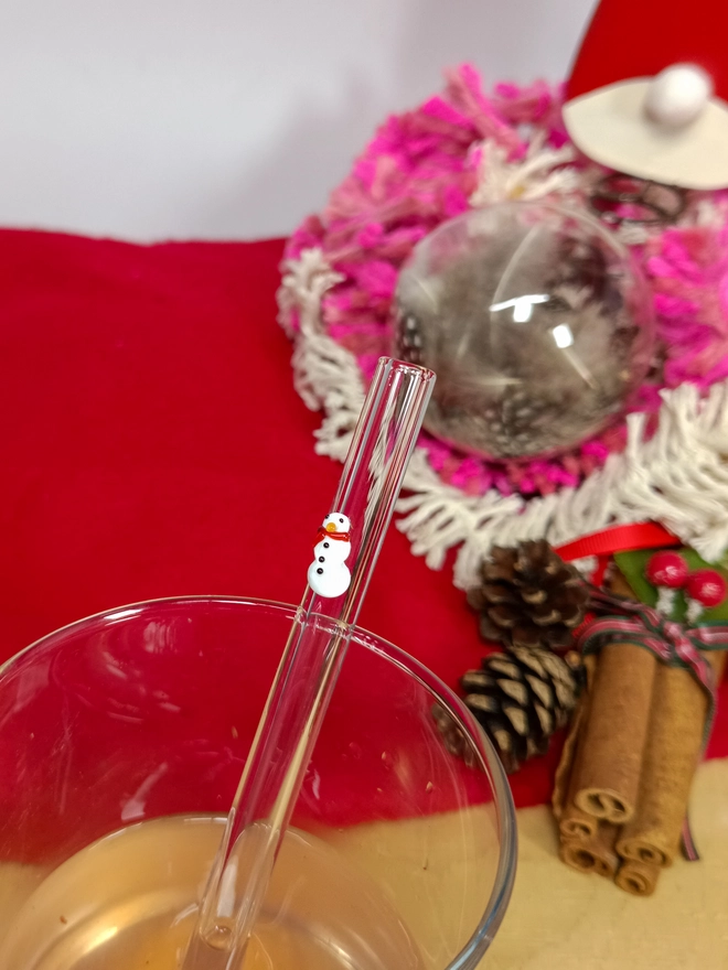 close up of short snowman straw in a glass