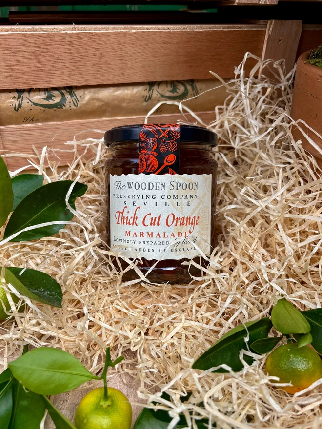 Thick cut orange marmalade on a bed of wood wool