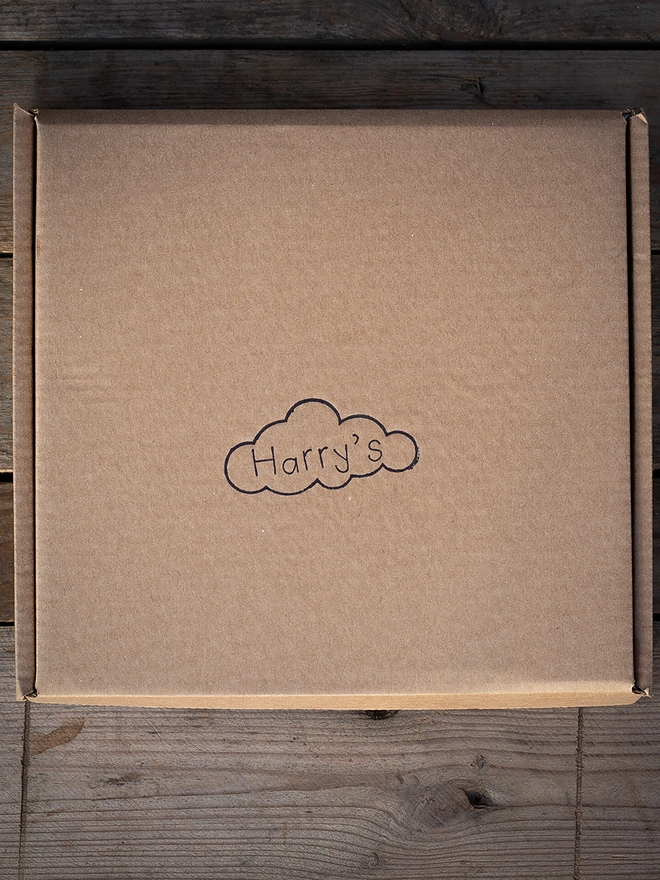 Rustic brown box with the Harry's logo stamped in the middle. 