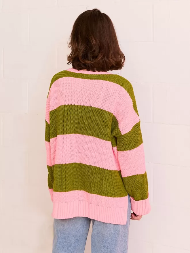Rhiannon Recycled Cotton Mix Chunky Stripe Jumper - Pink - Back
