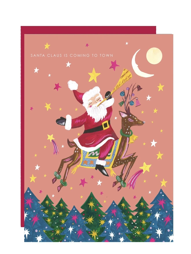 'Santa Claus Is Coming To Town', Santa On Reindeer Card