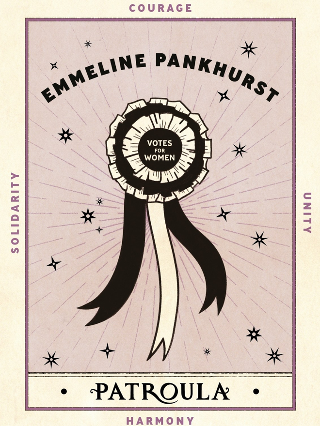 Pale purple illustrated Emmeline Pankhurst gift card with a votes for women written across the front