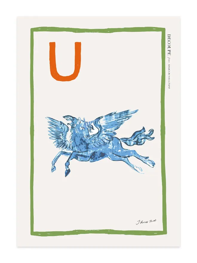 signed a-z alphabet prints. unicorn print with the letter 'u' in the corner.