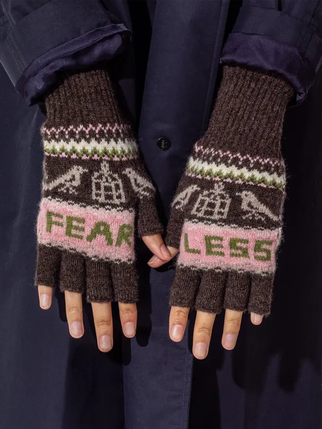 Fearless fairisle mittens in cocoa with calamine details