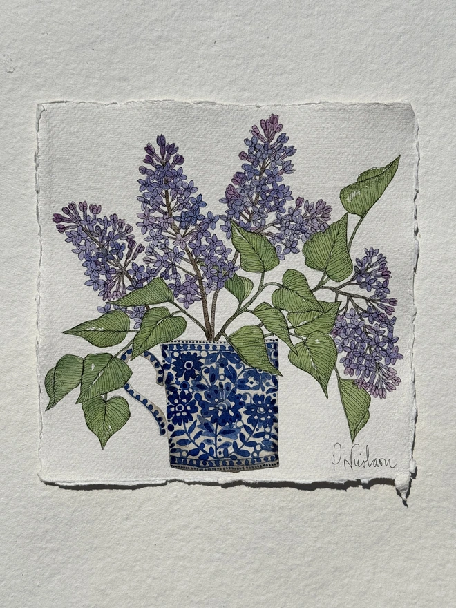 'Lilac In A Ceramic Mug' Watercolour Painting