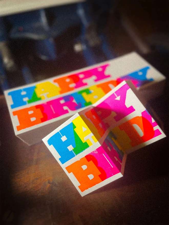 Handmade letterpress concertina birthday card featuring bold, joyful typography in vibrant neon colours. Each card is individually hand printed using traditional letterpress techniques on luxury paper stock, creating a beautifully tactile finish with deep impression and rich ink coverage. The playful fold-out concertina design reveals a striking “Happy Birthday” message across multiple panels, making it both a greeting card and a keepsake.

Created by hand for Holly & Co
, this contemporary artisan birthday card combines modern graphic design with traditional craftsmanship. Perfect for design lovers, colourful stationery enthusiasts, and anyone looking for a unique luxury birthday card with personality.