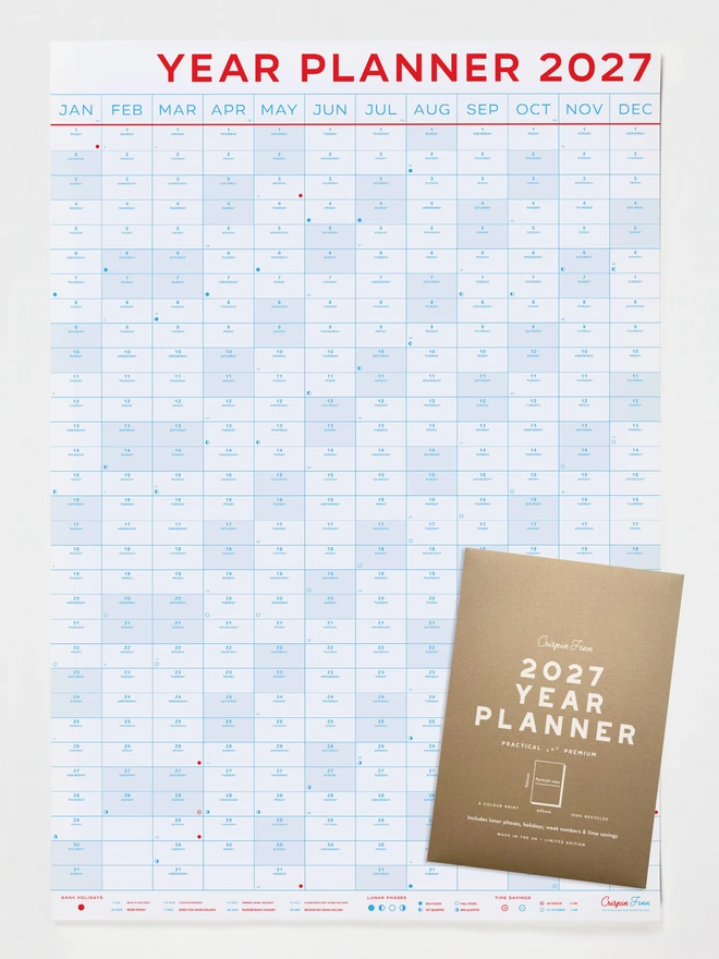 Crispin Finn 2027 Year Planner in large portrait format with custom made screen printed brown kraft presentation folded envelope packaging