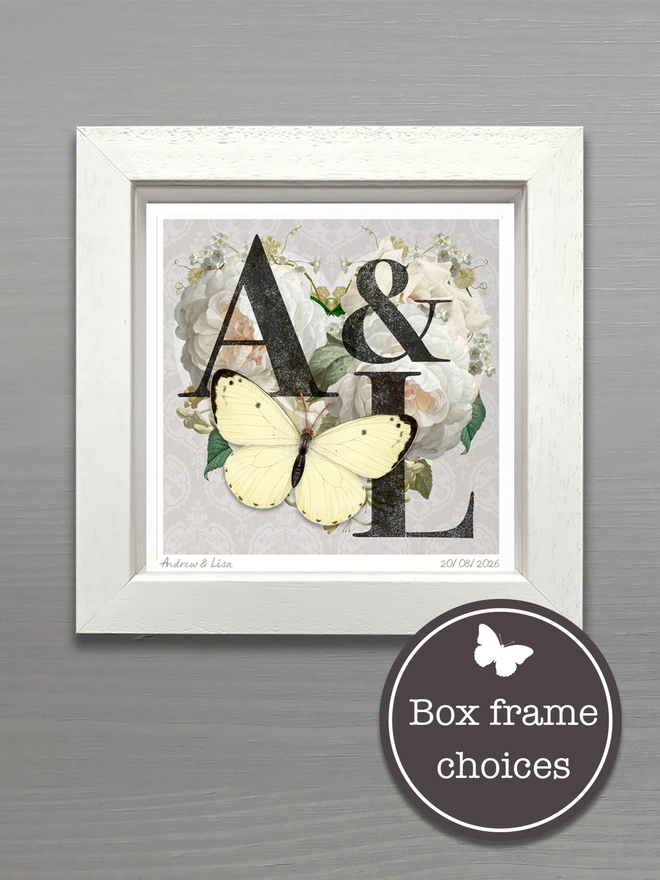 A photo showing a white bespoke frame with the Diamond Anniversary Card framed as an additional option to make it a keepsake gift. The frame is a wooden box frame and fits the design perfectly. The butterflies wings are pulled forward to give the design a 3D effect. 