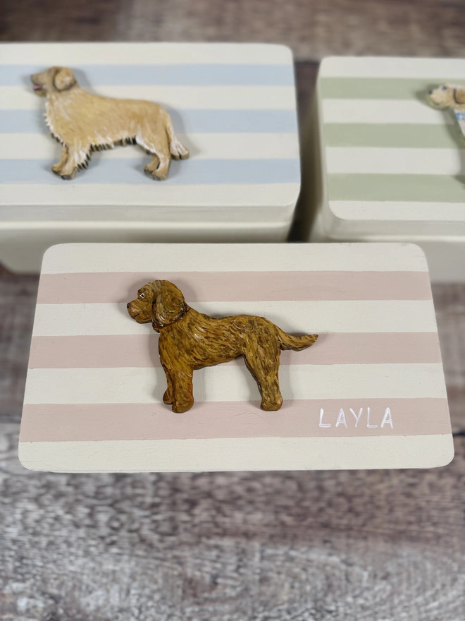Pink and White Striped dog memory Box with a hand-painted ginger cockapoo on the lid