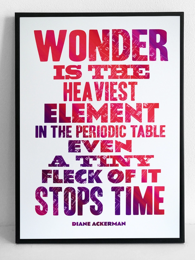 Framed multicoloured typographic print of “Wonder is the heaviest element in the periodic table, even a tiny fleck of it stops time” by Diane Ackerman.