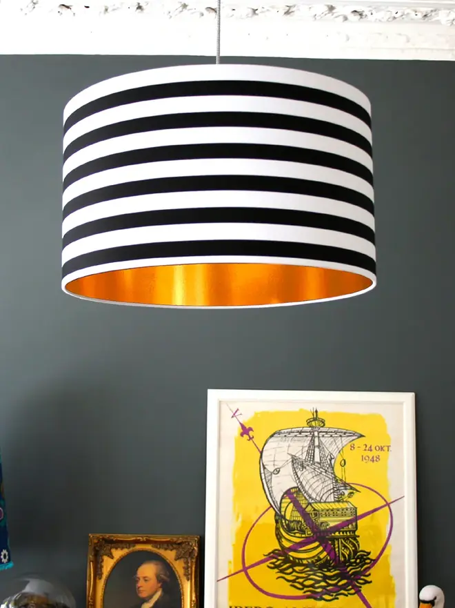 Monochrome Striped Black and White Striped Lampshade with Copper Lining