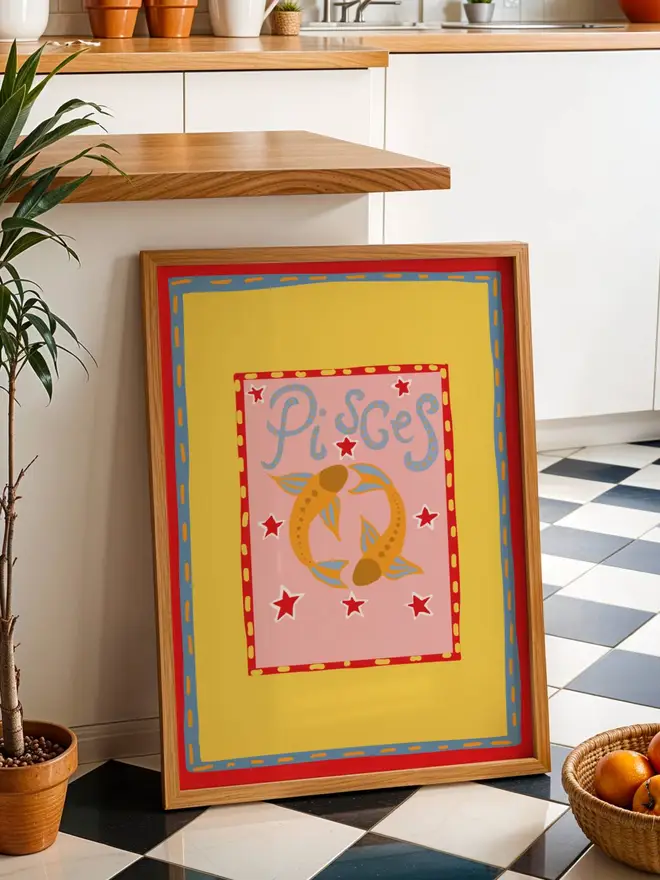 Pisces digital print in a kitchen backdrop, hand drawn illustration unique and colourful wall art