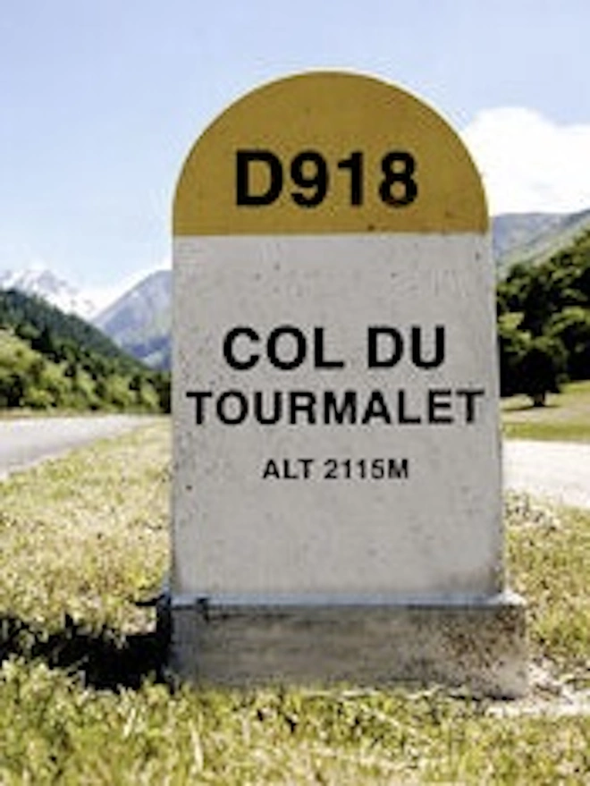 Personalised Tour De France Mountain Road Sign, yellow Col Du Tourmalet sign in the outdoors on a road. 