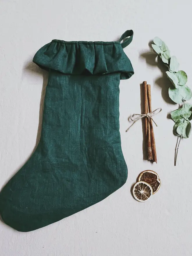 forest green linen christmas stocking