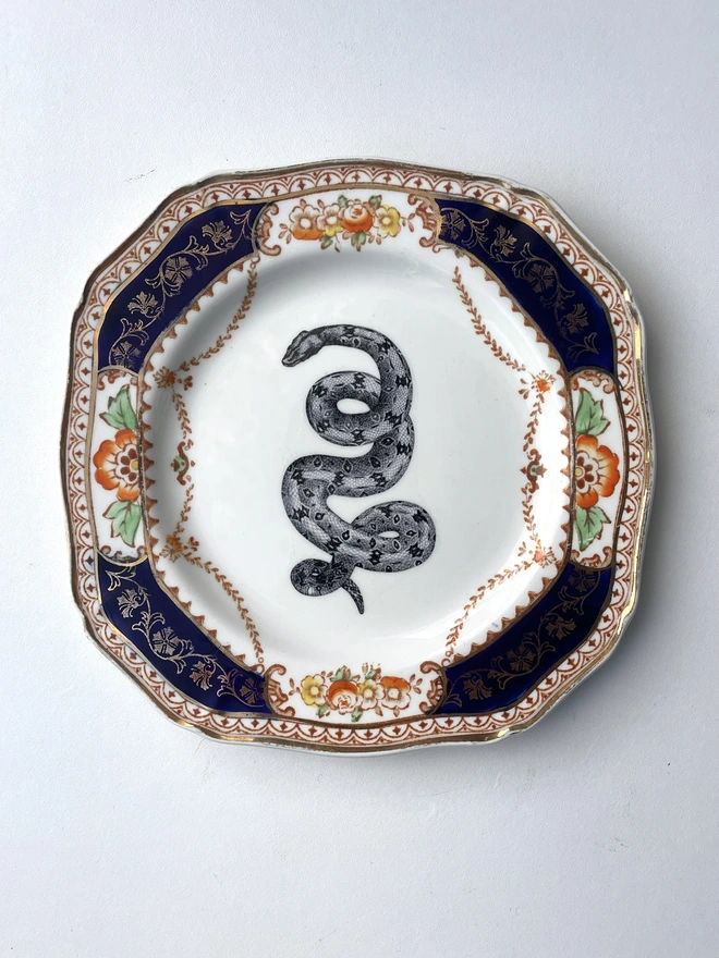 vintage plate with an ornate border, with a printed vintage illustration of a snake in the middle 