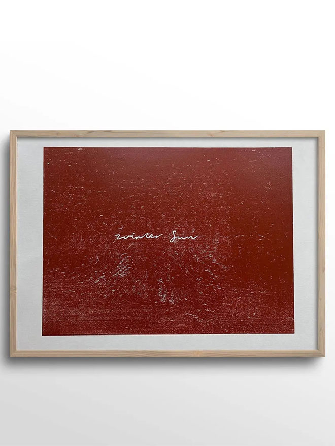 'Winter Sun' Woodcut print in a wooden frame