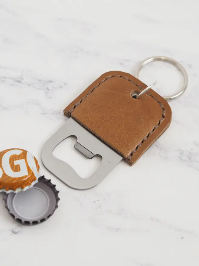 Tan Brown Leather Bottle Opener Key Ring