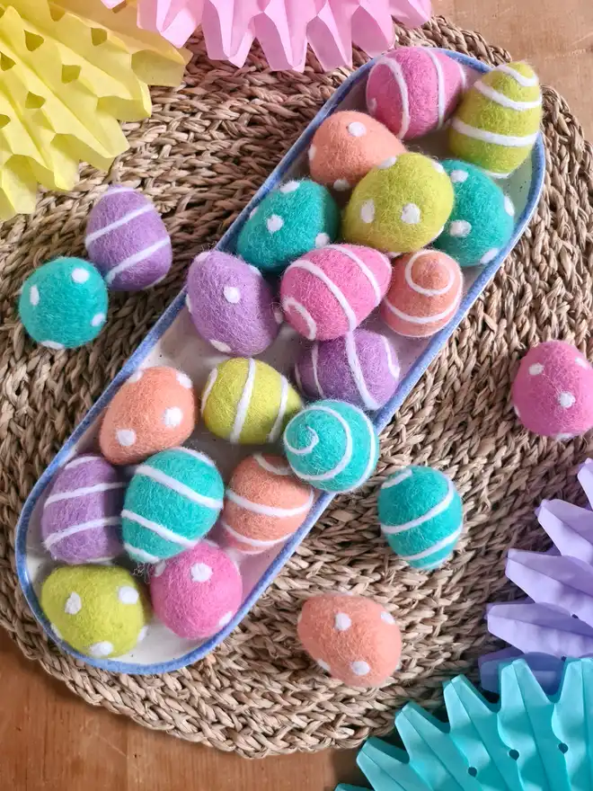 felt eggs in colourful pastels