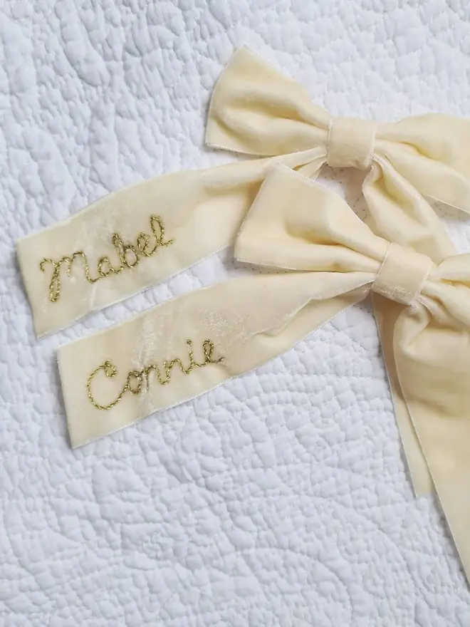 hand embroidered velvet name hair bow clip