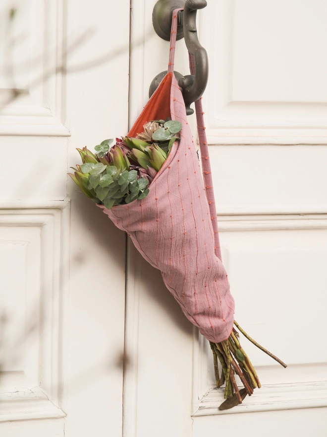 reusable linen flower bag for gift giving and for shopping