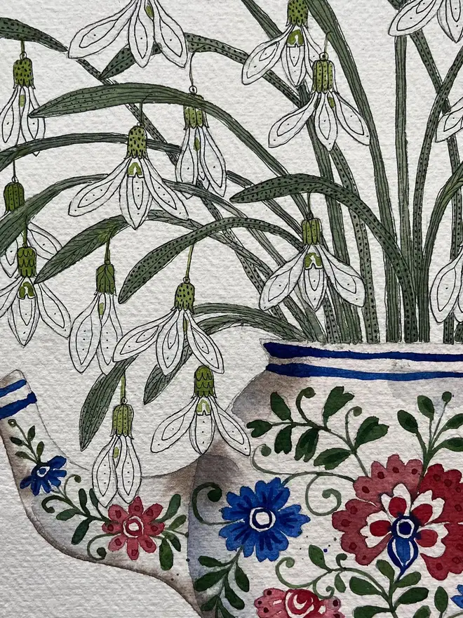 'Spring Snowdrops In Teapot' Watercolour Painting