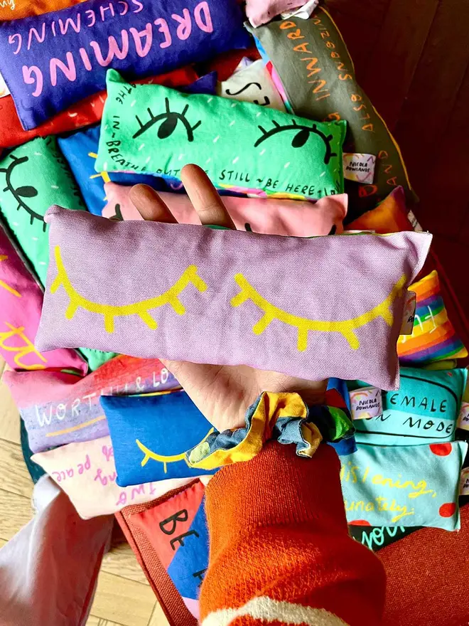 Nicola's iconic lavender eye pillows are colourful and filled with joy! ( and lavender)