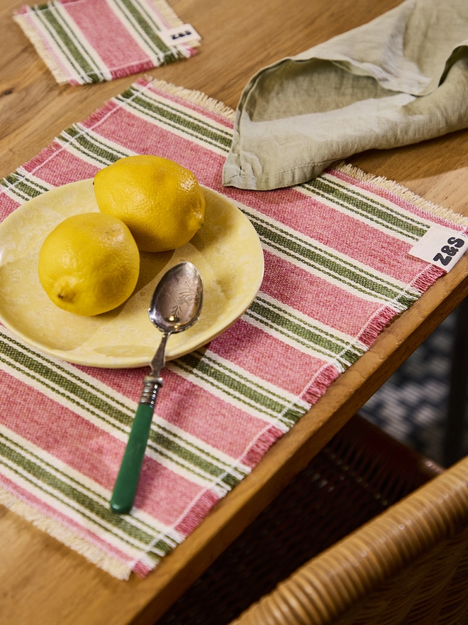 Pink Sherbet Coaster. Pink and green coaster paired with a Pink Sherbet Placemat.