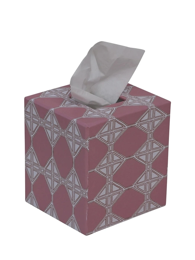 Tijan Tissue Box Cover, a colourful and patterned tissue box sitting on a white surface against a plain backdrop. 