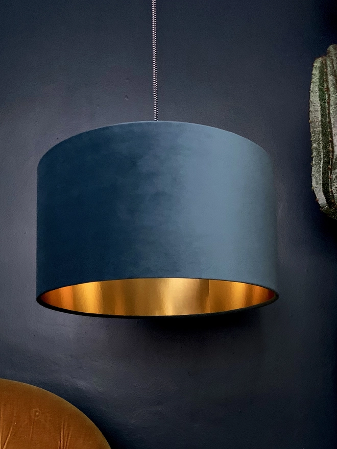 Flint Blue Velvet Lampshade With Gold Foil Lining.
