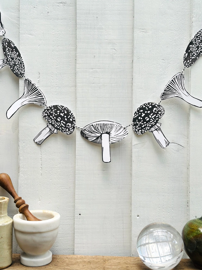 Enchanted Mushroom Garland Hand Printed Monochrome Bunting 